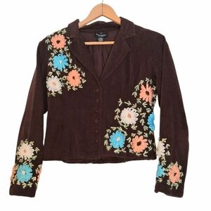 Persaman Velour Multicolor Yarn Embroidered Blazer Sz 6 Cocoa Brown Boho